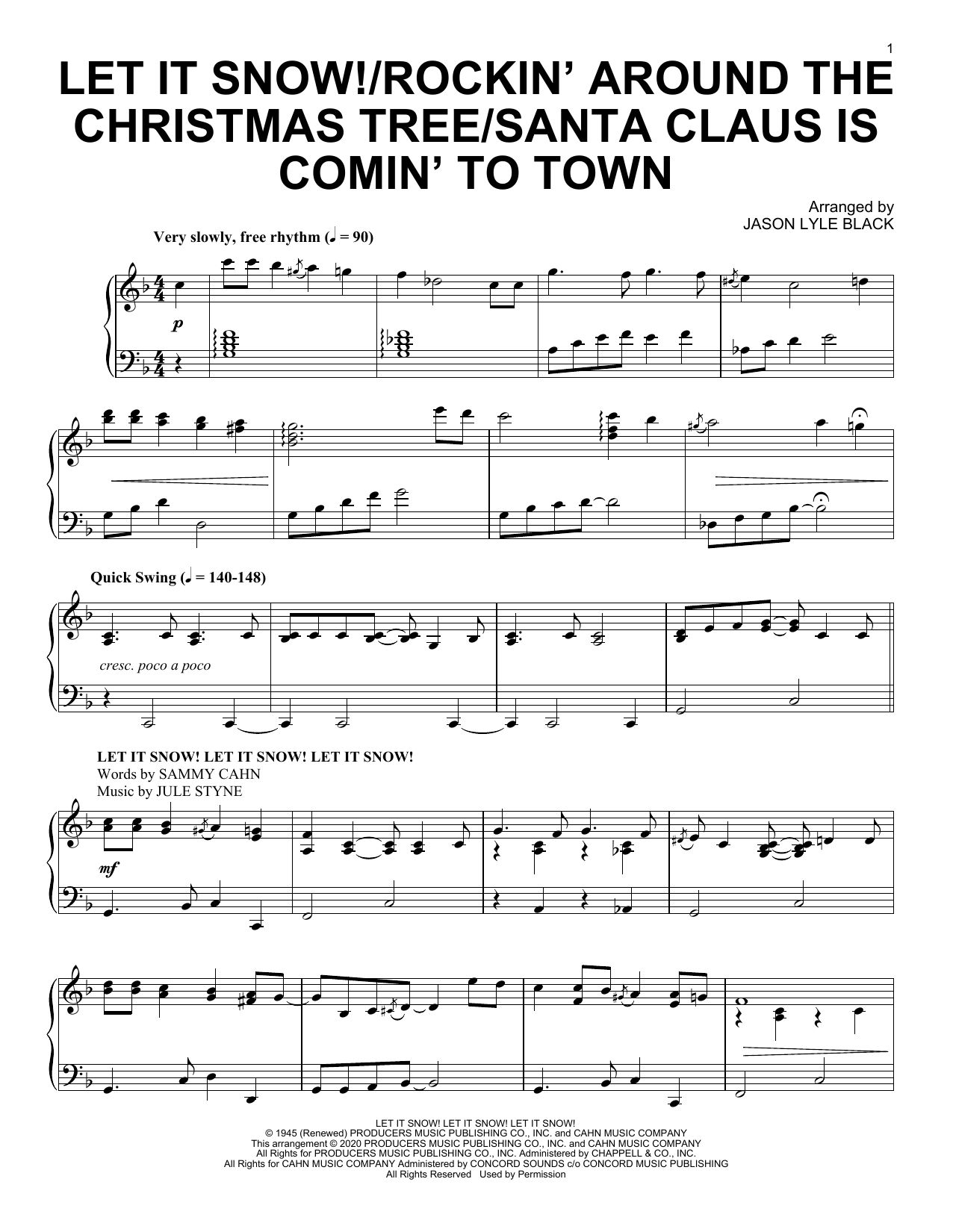 Download Jason Lyle Black Let It Snow!/Rockin' Around the Christmas Tree/Santa Claus Is Comin' To Town Sheet Music and learn how to play Piano Solo PDF digital score in minutes