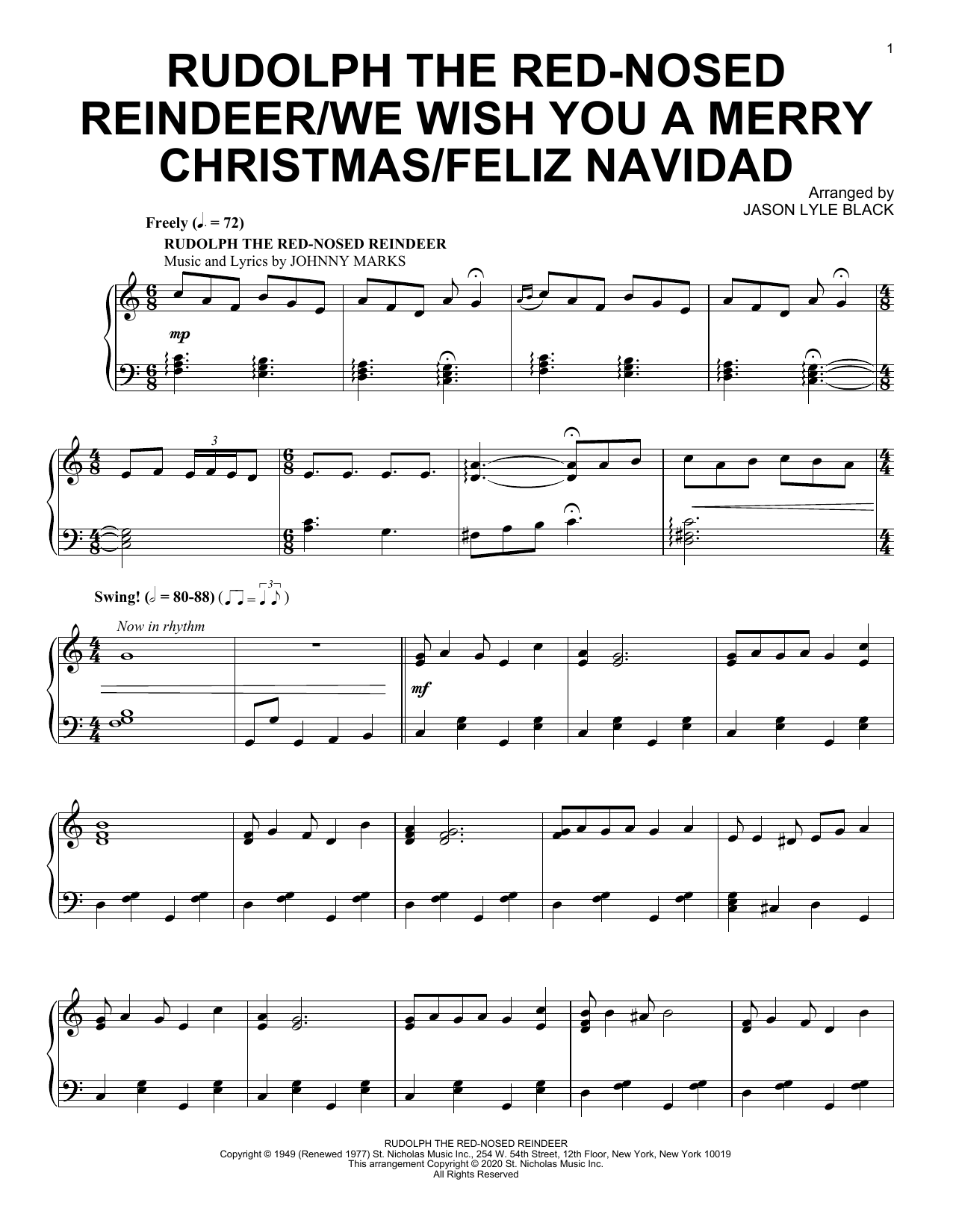 Download Jason Lyle Black Rudolph The Red-Nosed Reindeer/We Wish You A Merry Christmas/Feliz Navidad Sheet Music and learn how to play Piano Solo PDF digital score in minutes