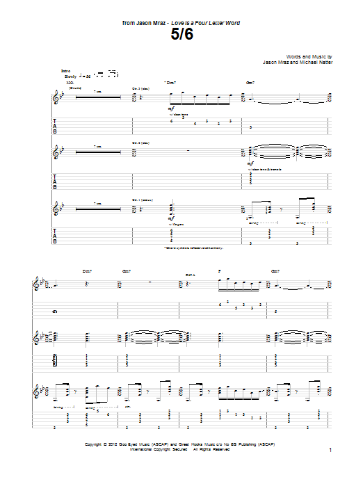 Download Jason Mraz 5/6 Sheet Music and learn how to play Piano, Vocal & Guitar (Right-Hand Melody) PDF digital score in minutes