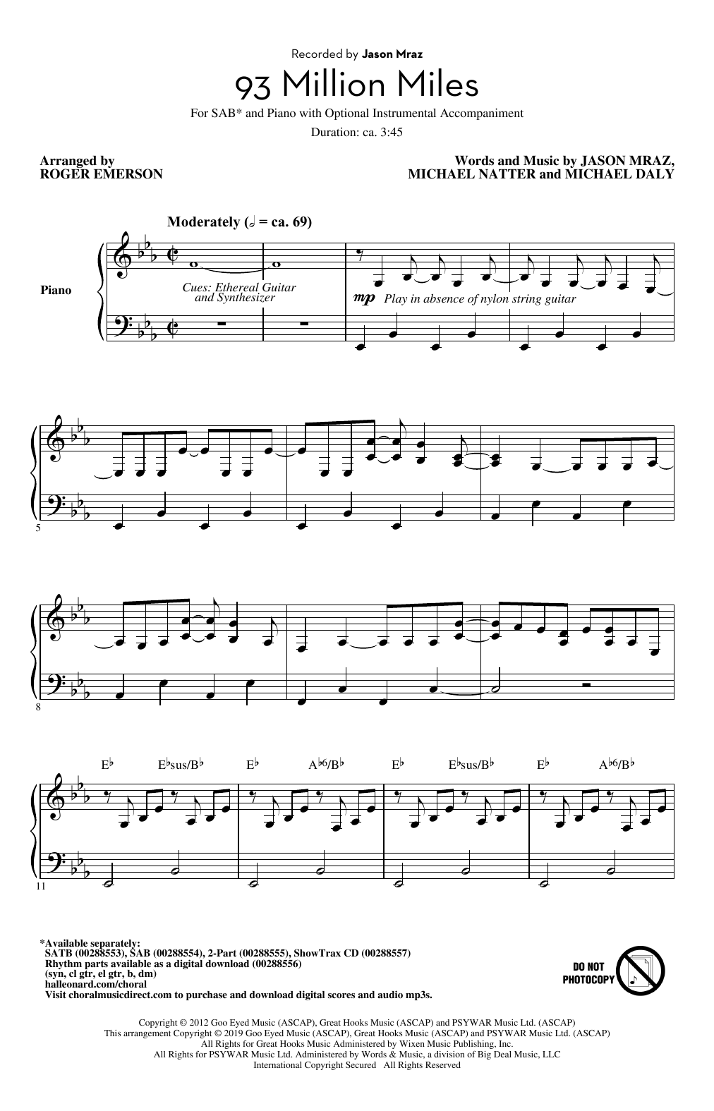 Download Jason Mraz 93 Million Miles (arr. Roger Emerson) Sheet Music and learn how to play 2-Part Choir PDF digital score in minutes
