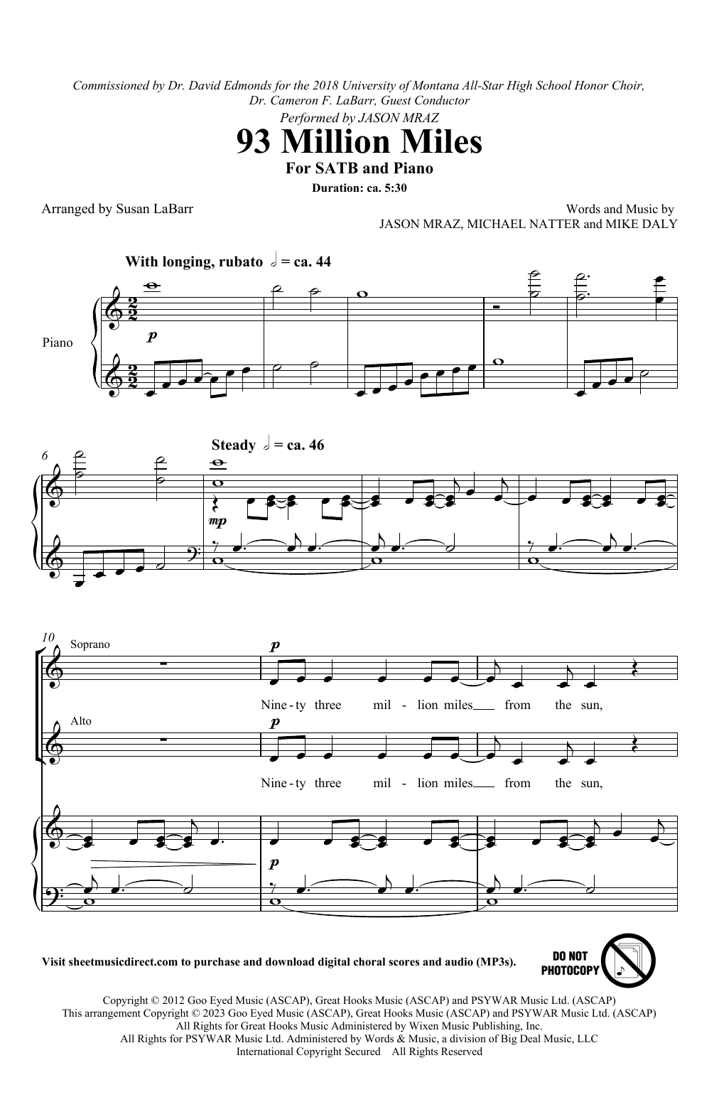 Download Jason Mraz 93 Million Miles (arr. Susan LaBarr) Sheet Music and learn how to play SATB Choir PDF digital score in minutes