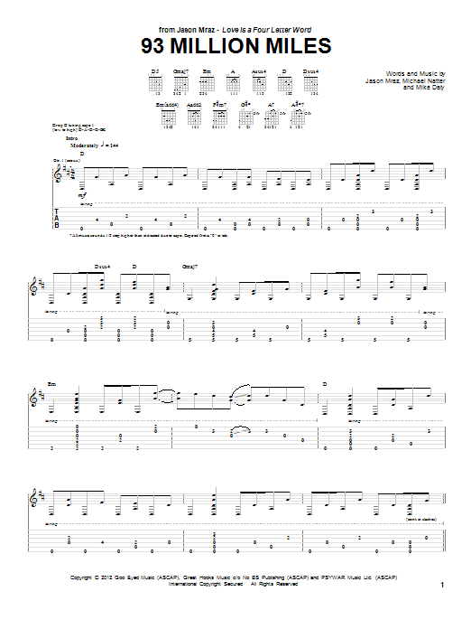 Download Jason Mraz 93 Million Miles Sheet Music and learn how to play Guitar Tab PDF digital score in minutes