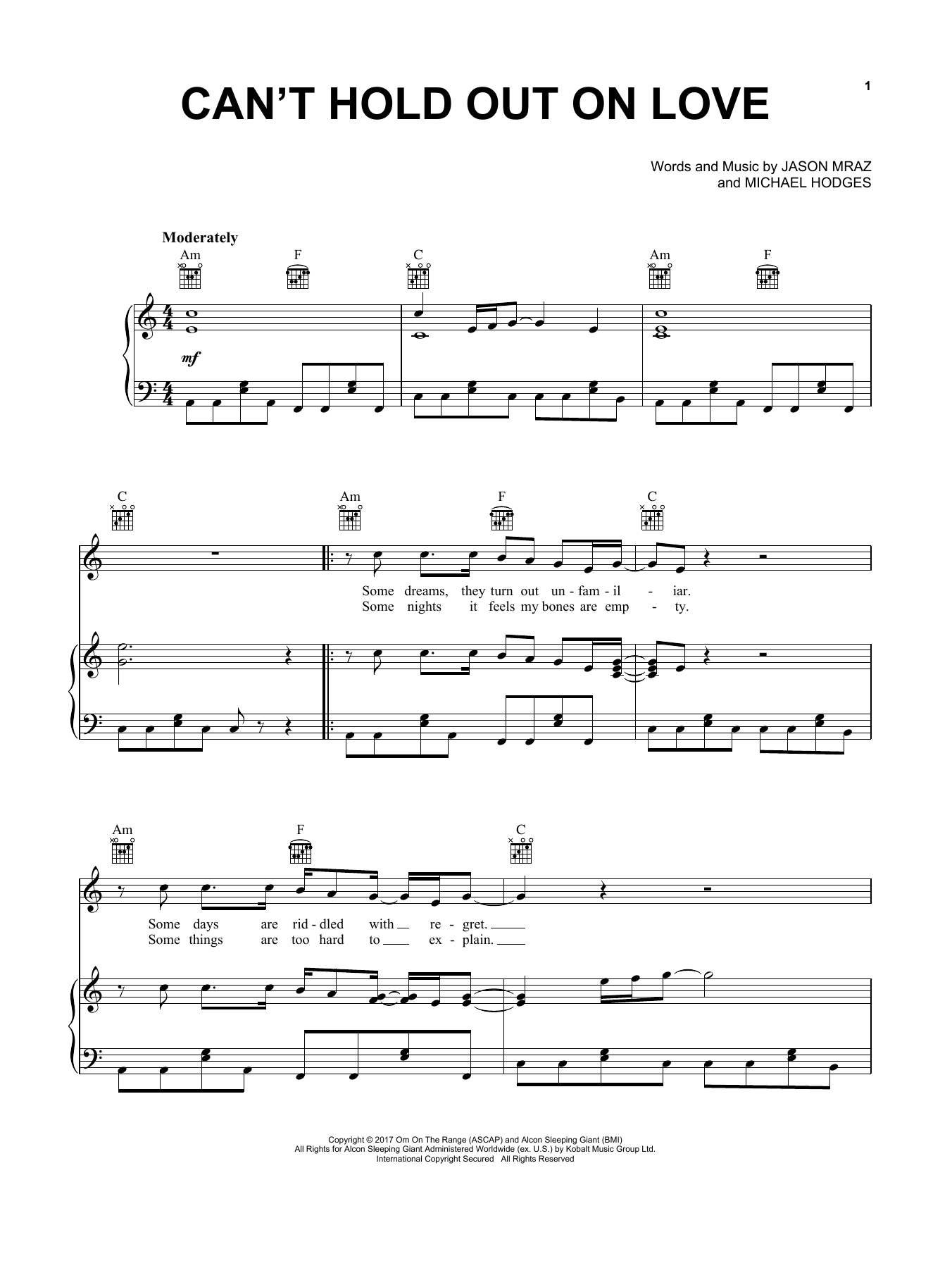 Download Jason Mraz Can't Hold Out On Love Sheet Music and learn how to play Piano, Vocal & Guitar Chords (Right-Hand Melody) PDF digital score in minutes