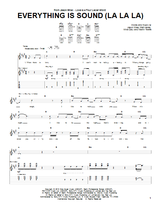 Download Jason Mraz Everything Is Sound (La La La) Sheet Music and learn how to play Piano, Vocal & Guitar (Right-Hand Melody) PDF digital score in minutes