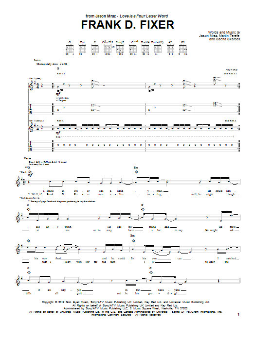 Download Jason Mraz Frank D. Fixer Sheet Music and learn how to play Piano, Vocal & Guitar (Right-Hand Melody) PDF digital score in minutes