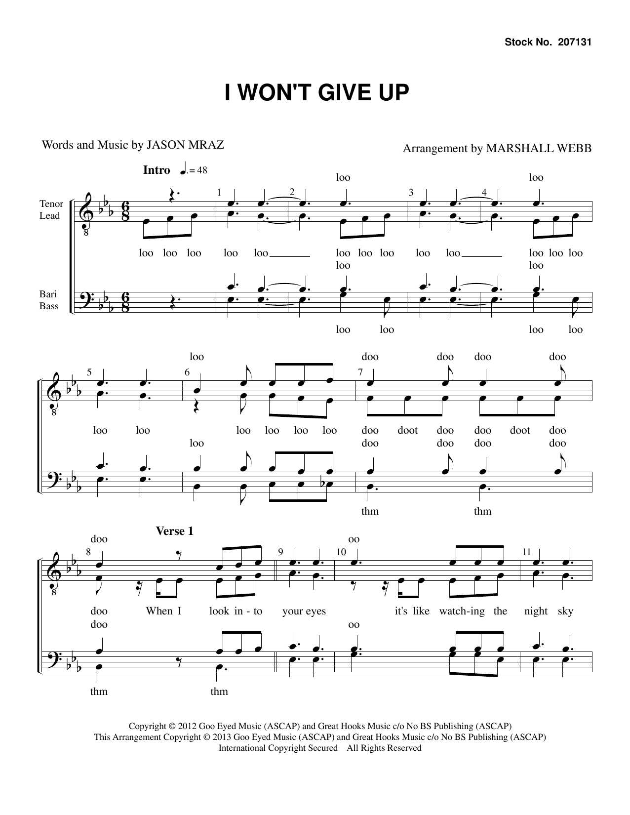 Download Jason Mraz I Won't Give Up (arr. Marshall Webb) Sheet Music and learn how to play TTBB Choir PDF digital score in minutes
