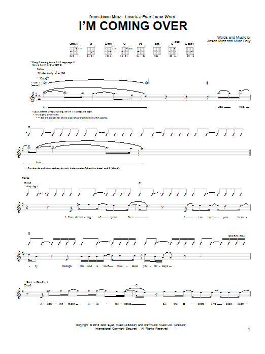 Download Jason Mraz I'm Coming Over Sheet Music and learn how to play Piano, Vocal & Guitar (Right-Hand Melody) PDF digital score in minutes