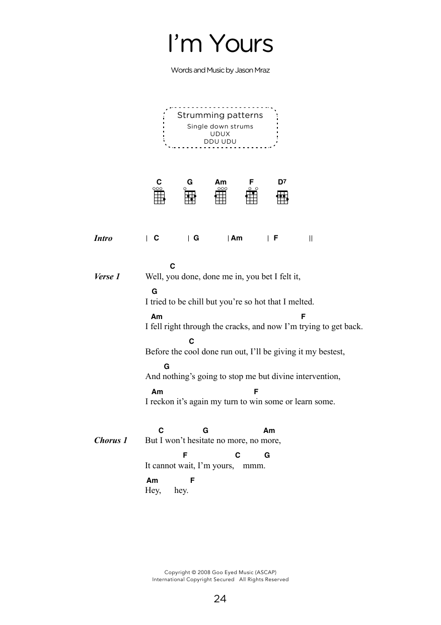 Download Jason Mraz I'm Yours (arr. Elise Ecklund) Sheet Music and learn how to play Ukulele Chords/Lyrics PDF digital score in minutes