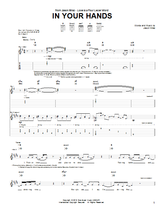 Download Jason Mraz In Your Hands Sheet Music and learn how to play Piano, Vocal & Guitar (Right-Hand Melody) PDF digital score in minutes