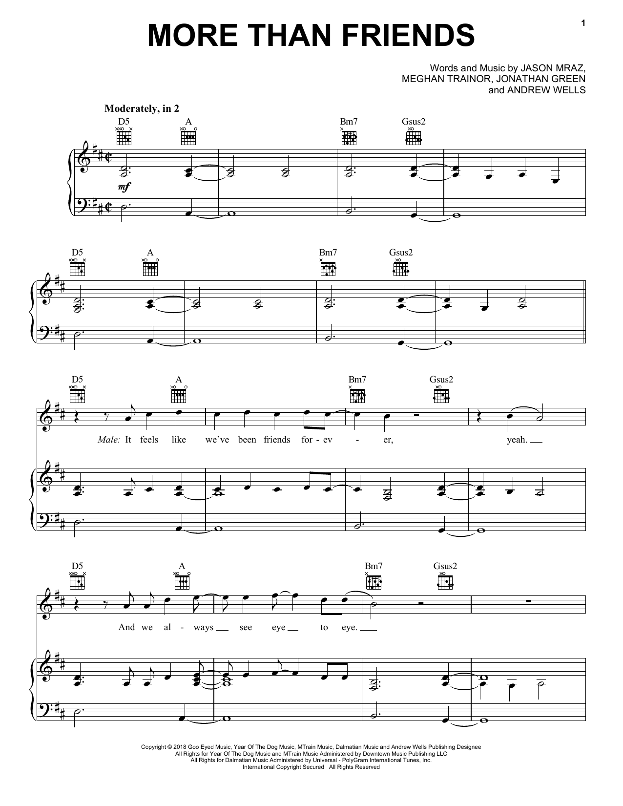 Download Jason Mraz More Than Friends (feat. Meghan Trainor) Sheet Music and learn how to play Piano, Vocal & Guitar (Right-Hand Melody) PDF digital score in minutes