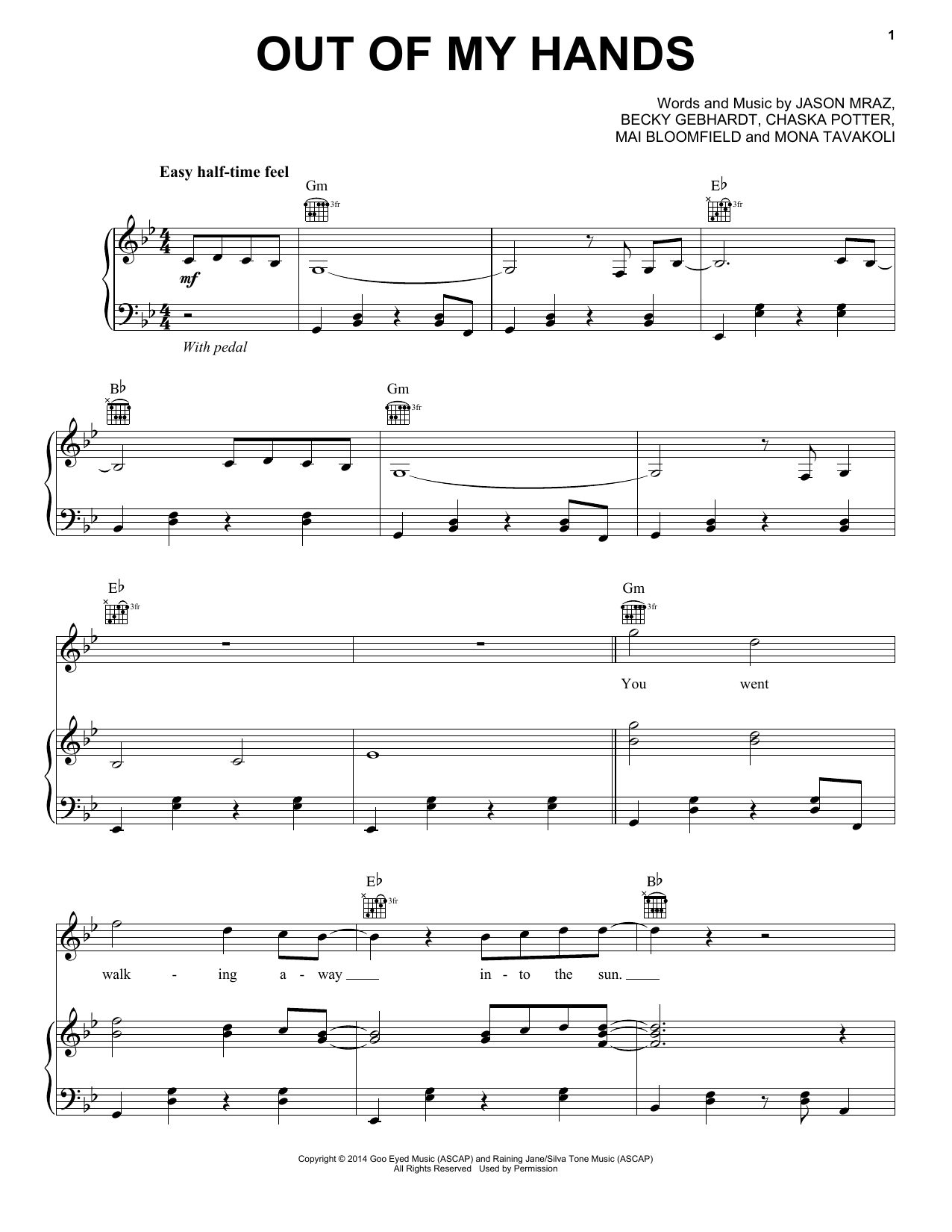 Download Jason Mraz Out Of My Hands Sheet Music and learn how to play Piano, Vocal & Guitar (Right-Hand Melody) PDF digital score in minutes
