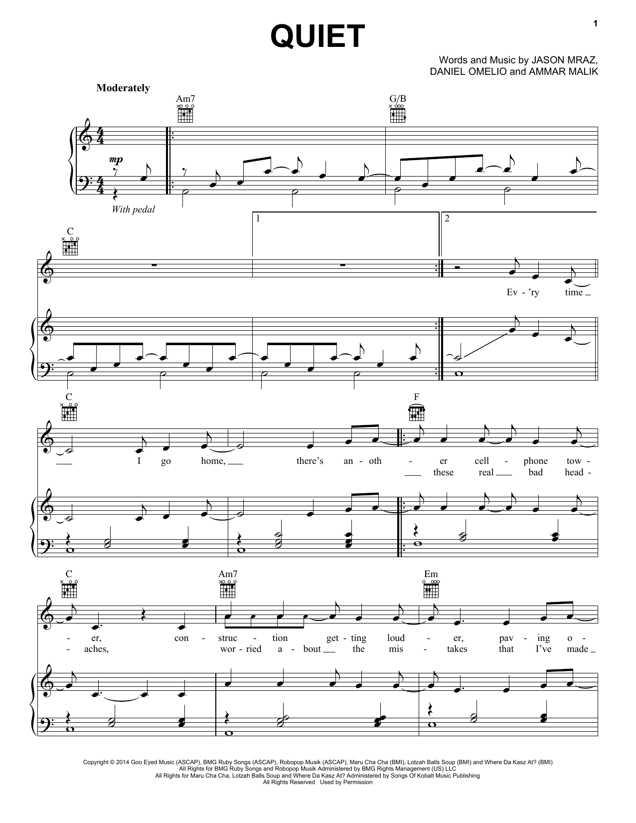 Download Jason Mraz Quiet Sheet Music and learn how to play Piano, Vocal & Guitar (Right-Hand Melody) PDF digital score in minutes