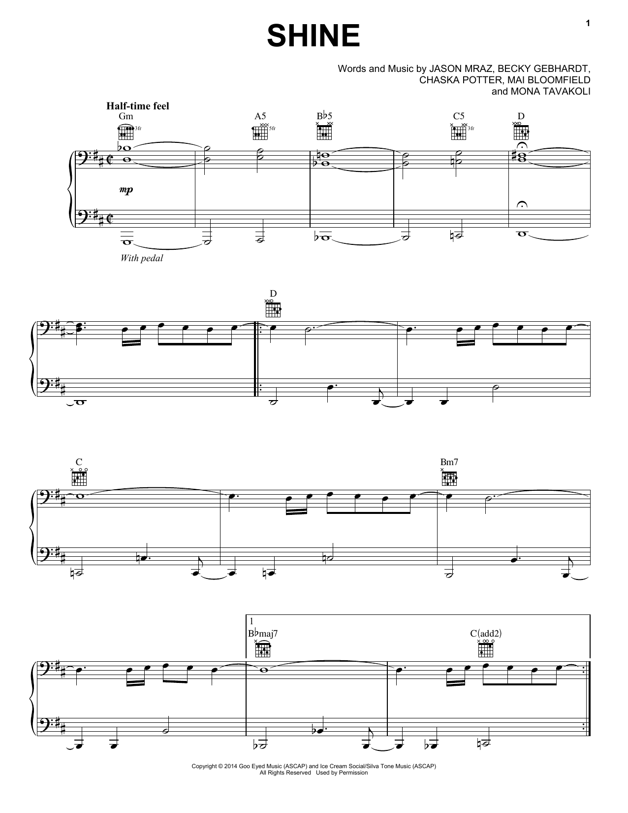 Download Jason Mraz Shine Sheet Music and learn how to play Piano, Vocal & Guitar (Right-Hand Melody) PDF digital score in minutes