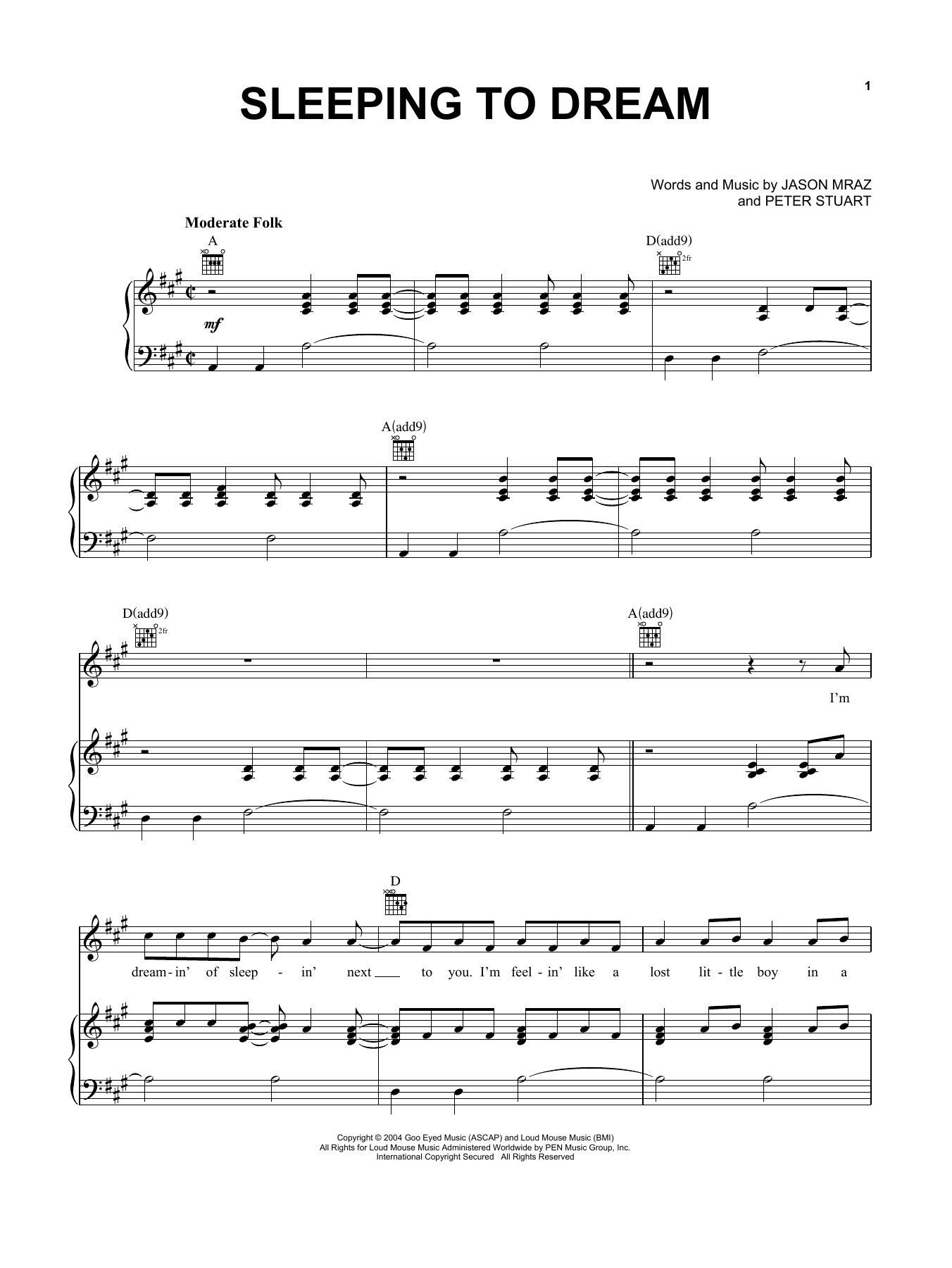 Download Jason Mraz Sleeping To Dream Sheet Music and learn how to play Piano, Vocal & Guitar Chords (Right-Hand Melody) PDF digital score in minutes