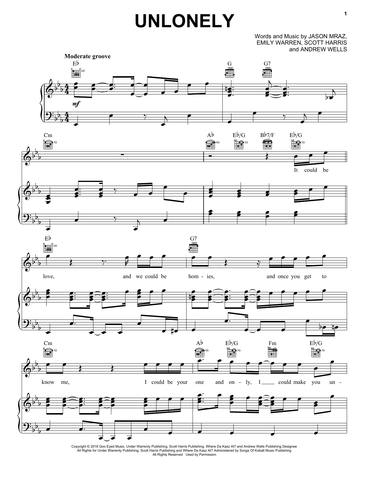 Download Jason Mraz Unlonely Sheet Music and learn how to play Piano, Vocal & Guitar (Right-Hand Melody) PDF digital score in minutes
