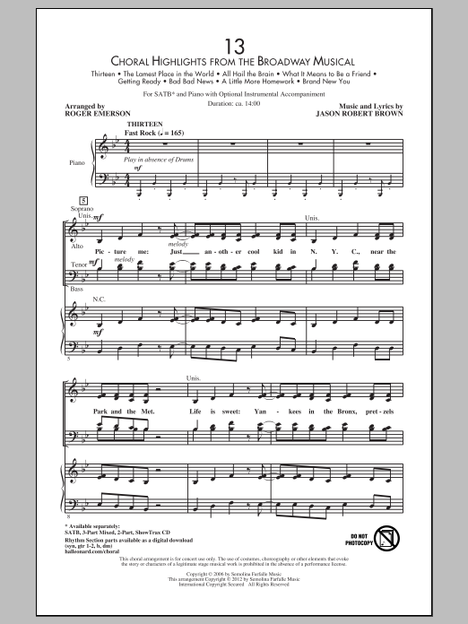 Download Jason Robert Brown 13 (Choral Highlights From The Broadway Musical) (arr. Roger Emerson) Sheet Music and learn how to play SATB PDF digital score in minutes