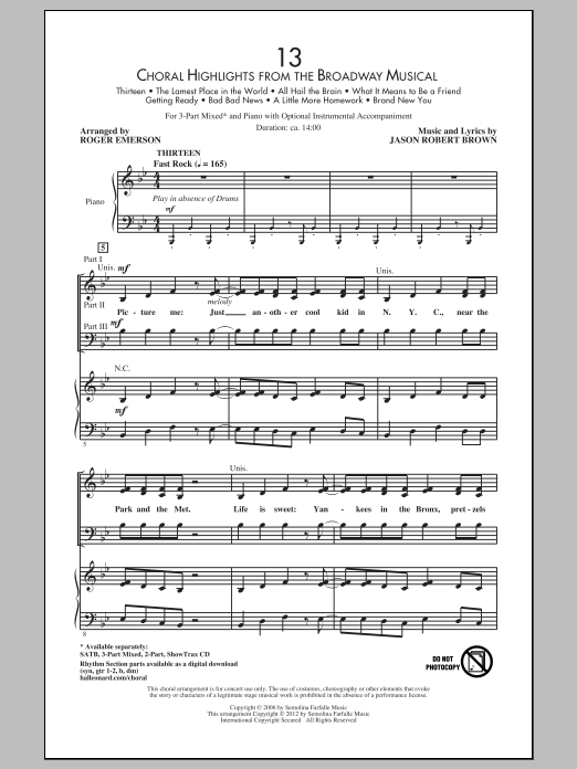 Download Jason Robert Brown 13 (Choral Highlights From The Broadway Musical) (arr. Roger Emerson) Sheet Music and learn how to play 3-Part Mixed PDF digital score in minutes