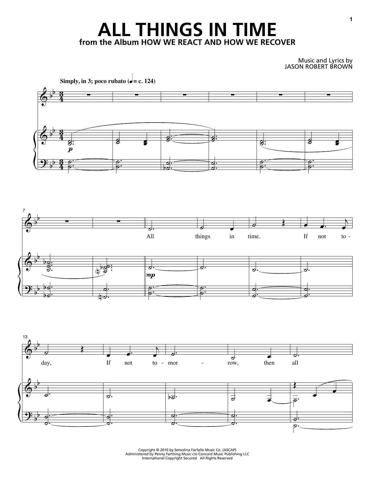 Download Jason Robert Brown All Things In Time (from How We React And How We Recover) Sheet Music and learn how to play Piano & Vocal PDF digital score in minutes