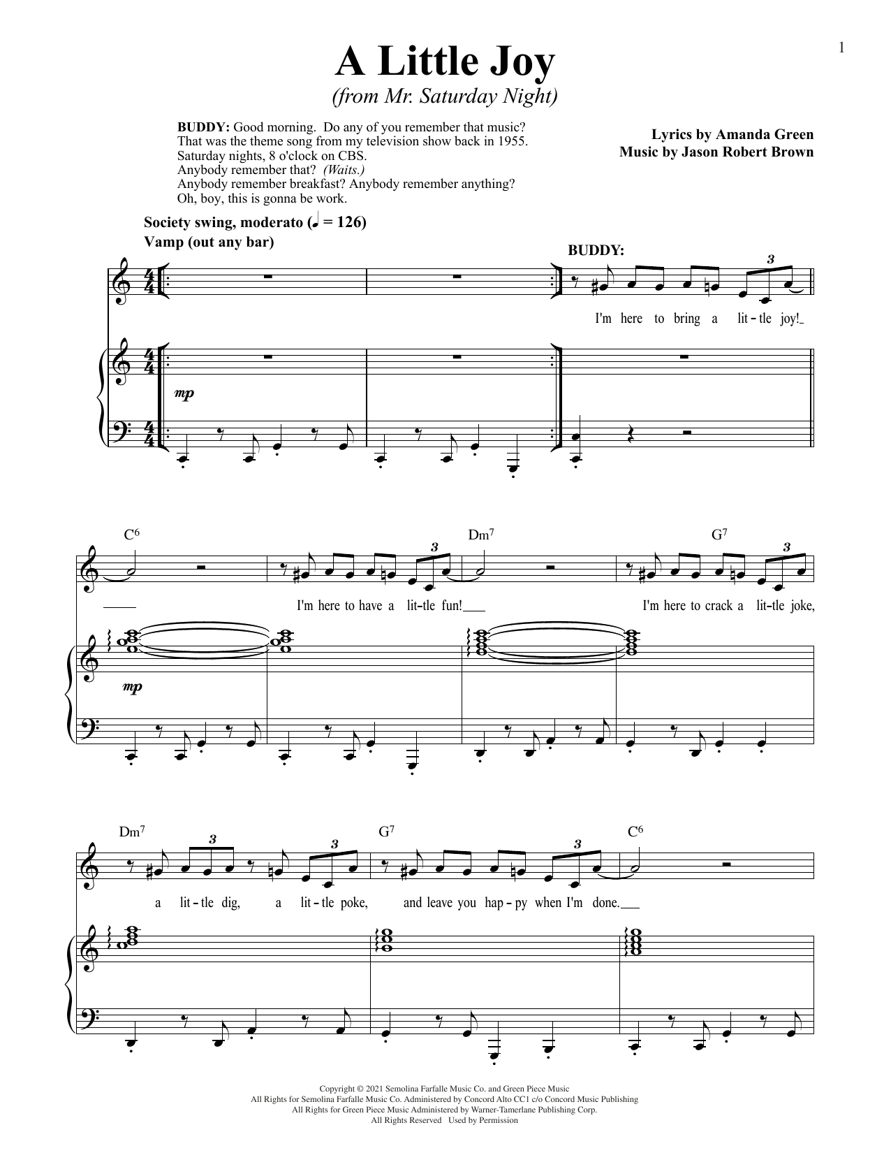 Download Jason Robert Brown and Amanda Green A Little Joy (from Mr. Saturday Night) Sheet Music and learn how to play Piano & Vocal PDF digital score in minutes