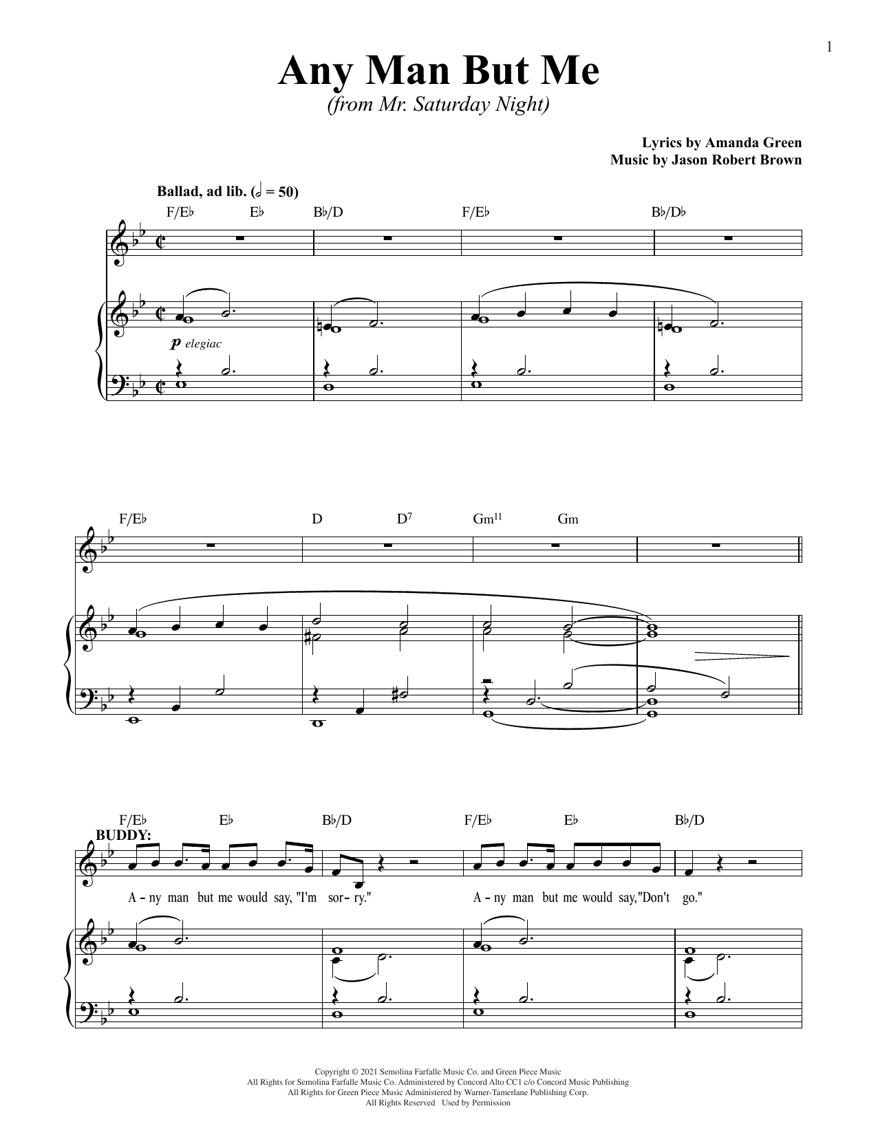 Download Jason Robert Brown and Amanda Green Any Man But Me (from Mr. Saturday Night) Sheet Music and learn how to play Piano & Vocal PDF digital score in minutes