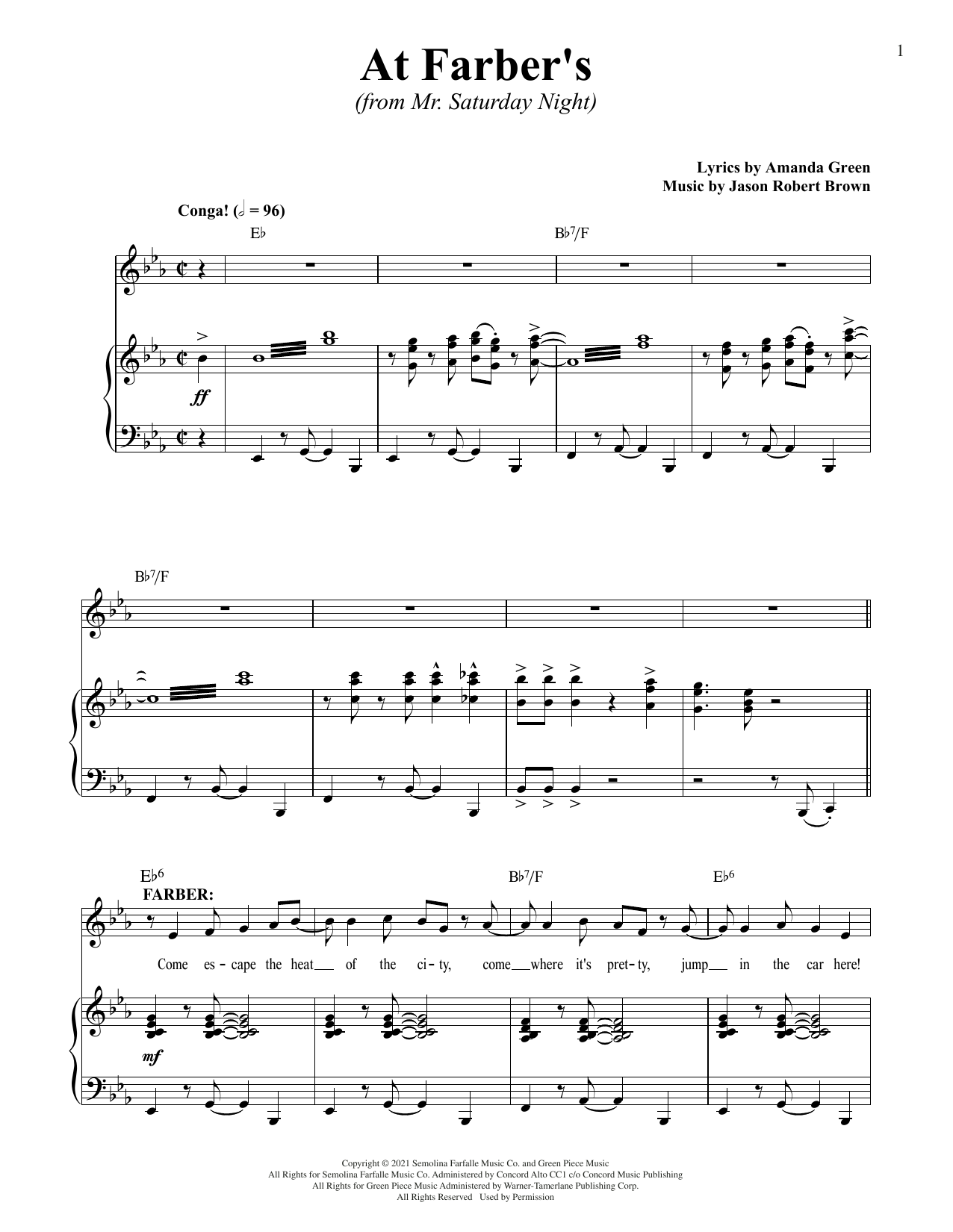 Download Jason Robert Brown and Amanda Green At Farber's (from Mr. Saturday Night) Sheet Music and learn how to play Piano & Vocal PDF digital score in minutes