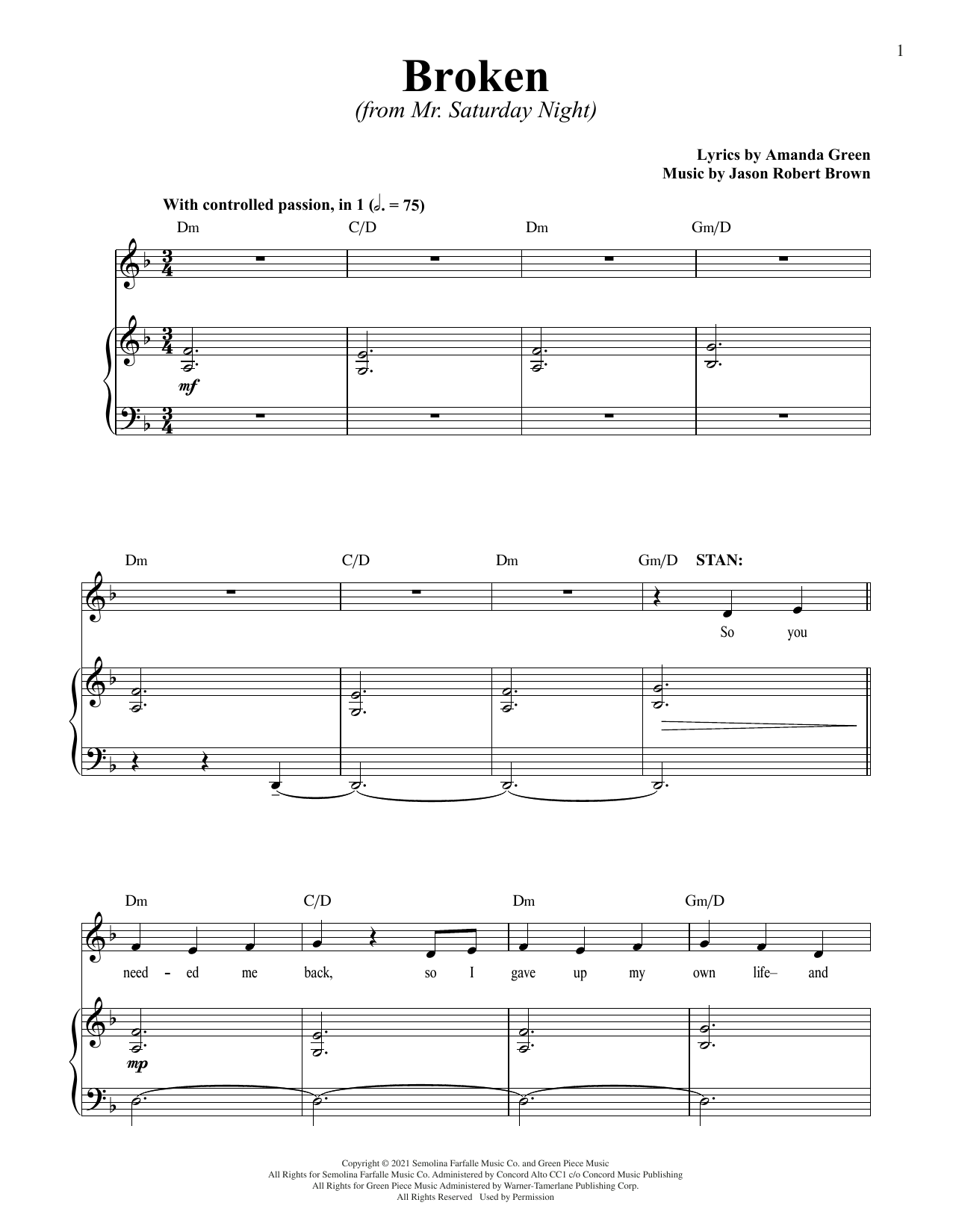 Download Jason Robert Brown and Amanda Green Broken (from Mr. Saturday Night) Sheet Music and learn how to play Piano & Vocal PDF digital score in minutes