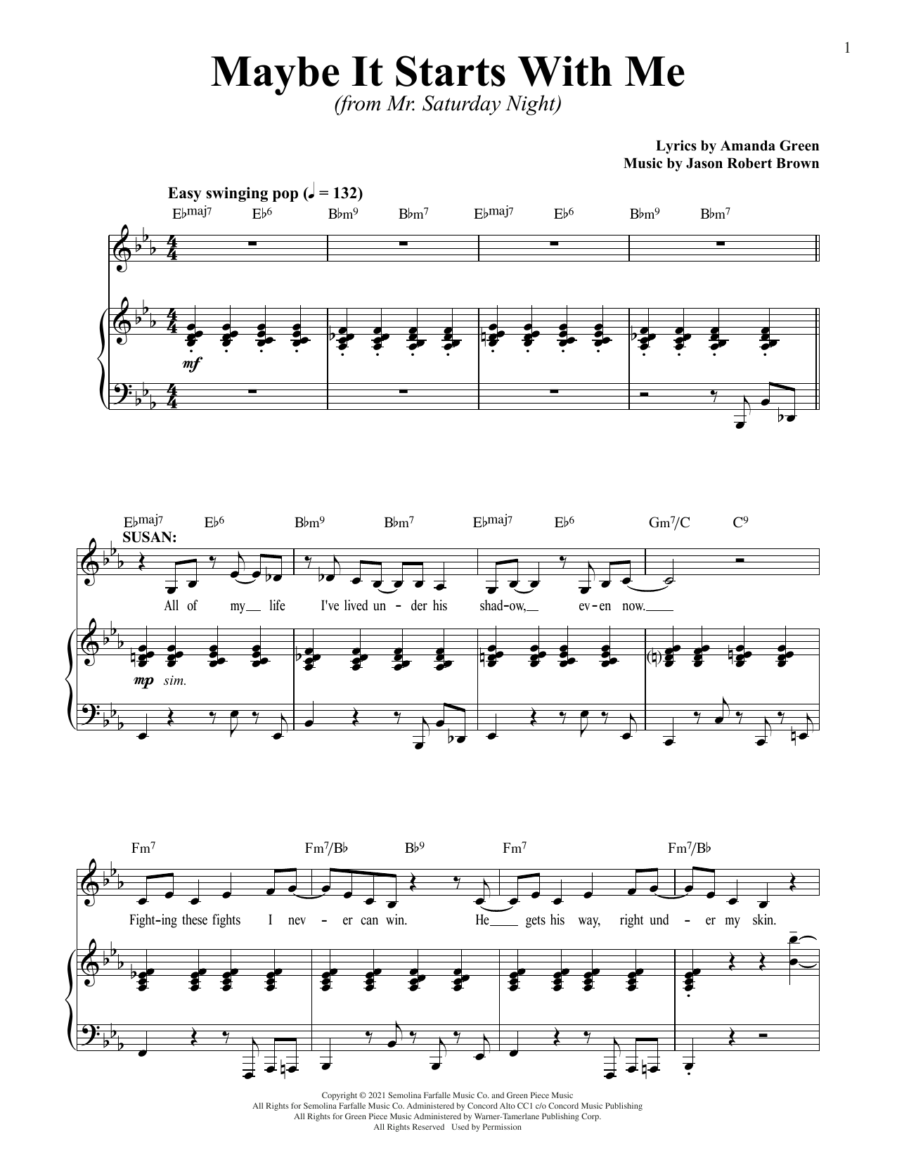 Download Jason Robert Brown and Amanda Green Maybe It Starts With Me (from Mr. Saturday Night) Sheet Music and learn how to play Piano & Vocal PDF digital score in minutes