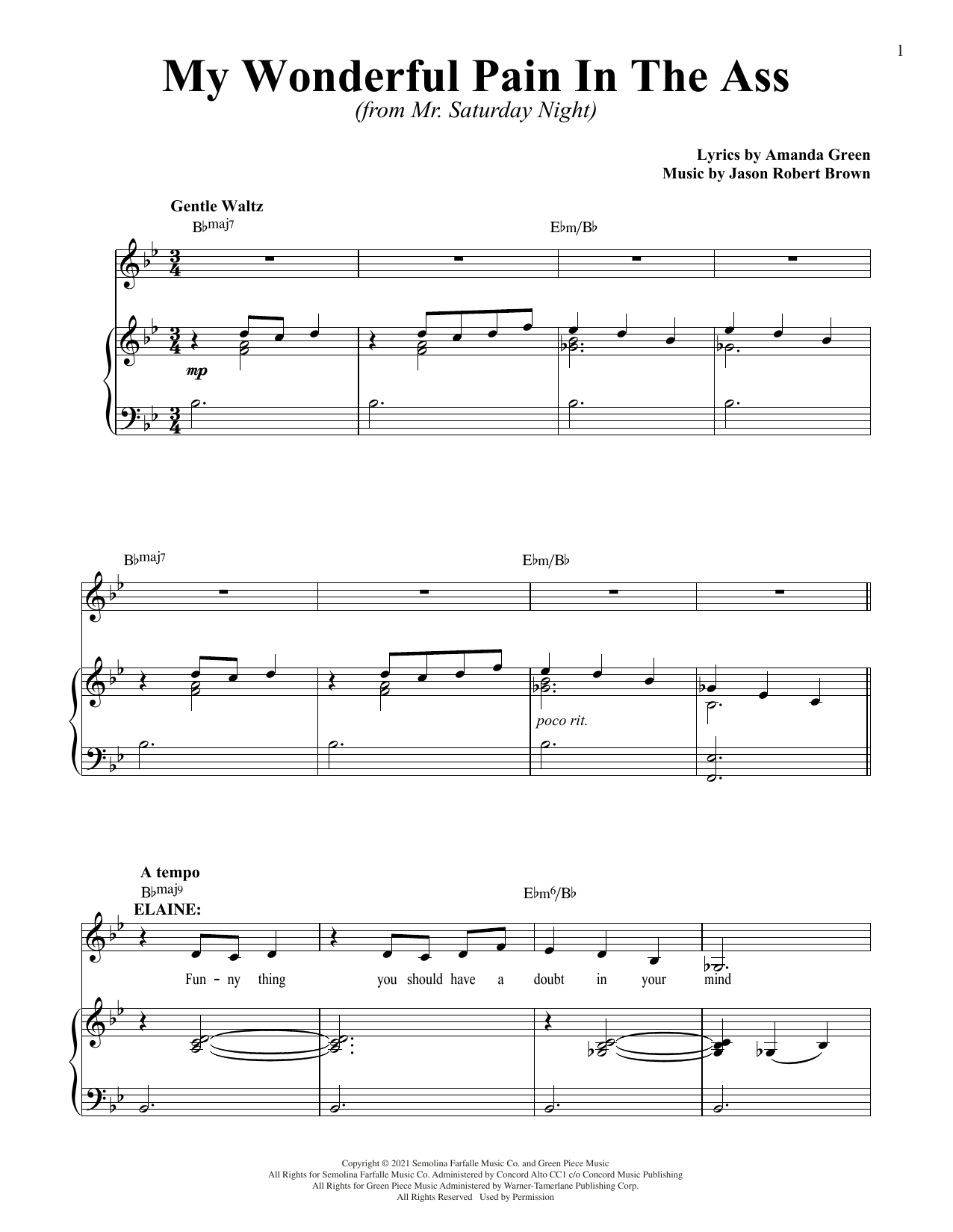 Download Jason Robert Brown and Amanda Green My Wonderful Pain In The Ass (from Mr. Saturday Night) Sheet Music and learn how to play Piano & Vocal PDF digital score in minutes