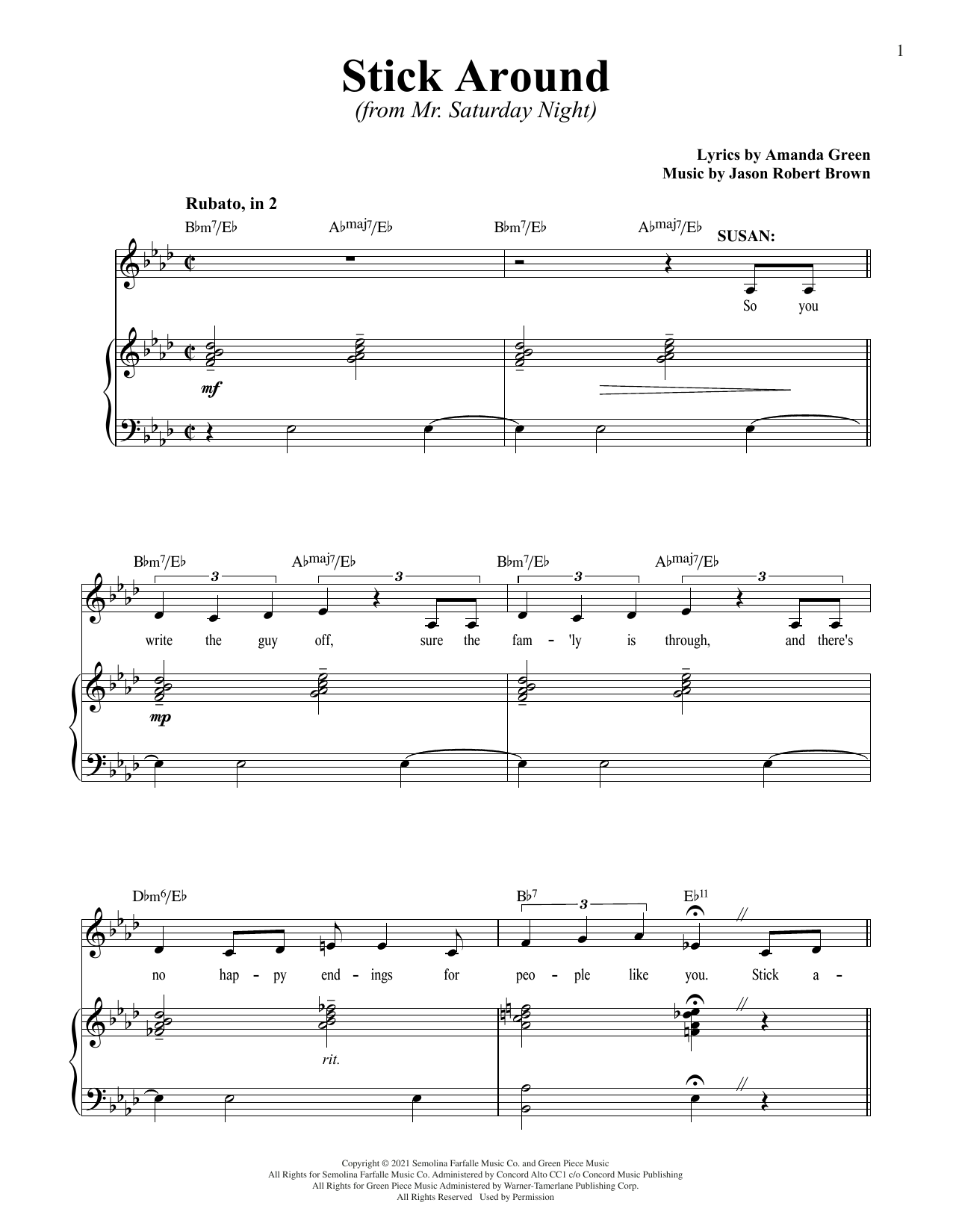 Download Jason Robert Brown and Amanda Green Stick Around (from Mr. Saturday Night) Sheet Music and learn how to play Piano & Vocal PDF digital score in minutes