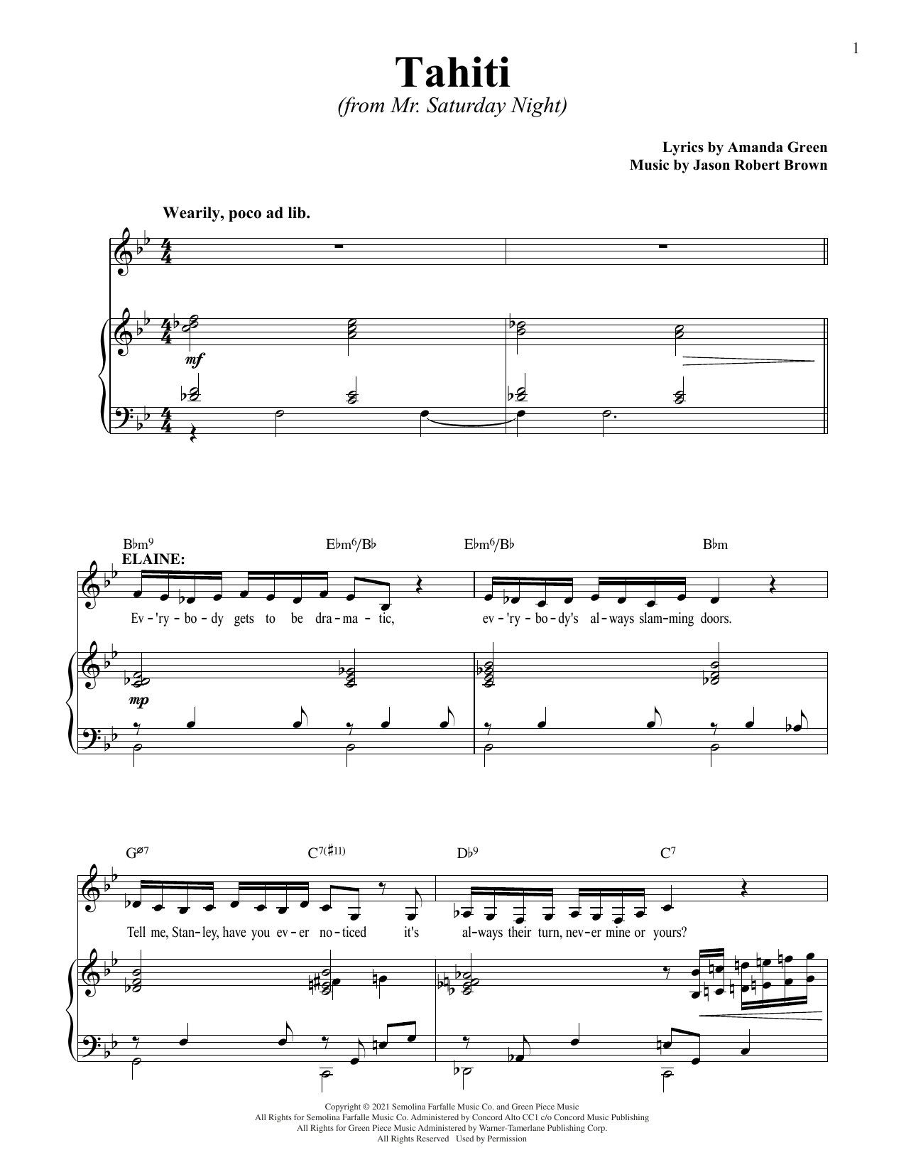 Download Jason Robert Brown and Amanda Green Tahiti (from Mr. Saturday Night) Sheet Music and learn how to play Piano & Vocal PDF digital score in minutes