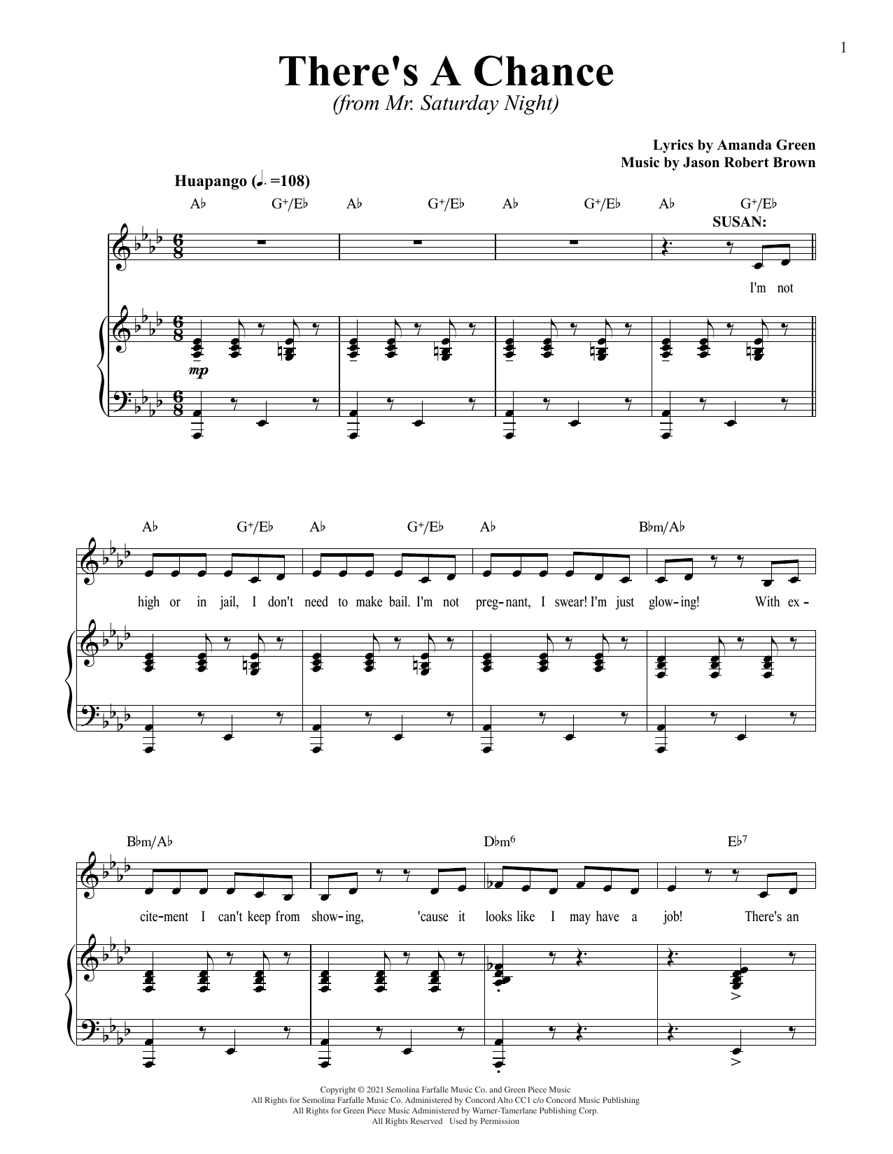 Download Jason Robert Brown and Amanda Green There's A Chance (from Mr. Saturday Night) Sheet Music and learn how to play Piano & Vocal PDF digital score in minutes