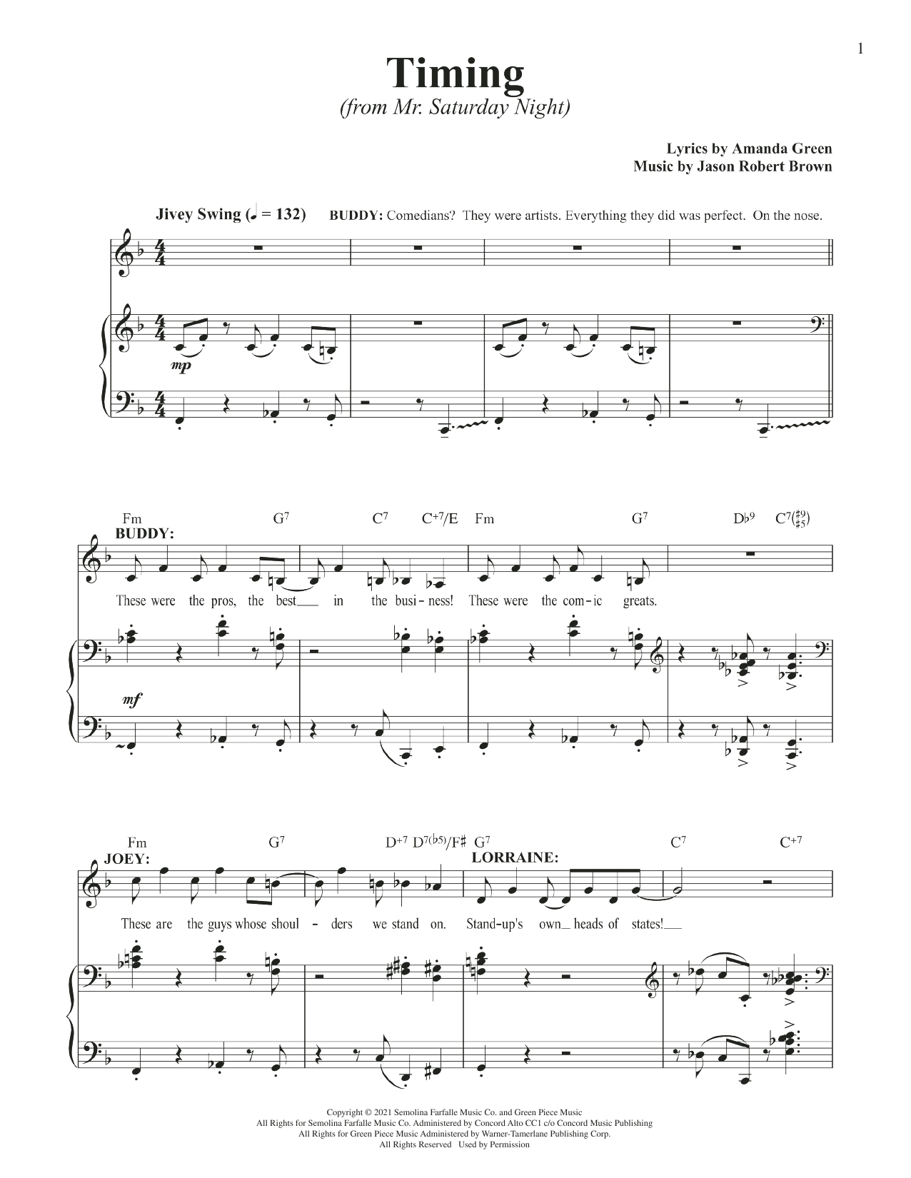 Download Jason Robert Brown and Amanda Green Timing (from Mr. Saturday Night) Sheet Music and learn how to play Piano & Vocal PDF digital score in minutes