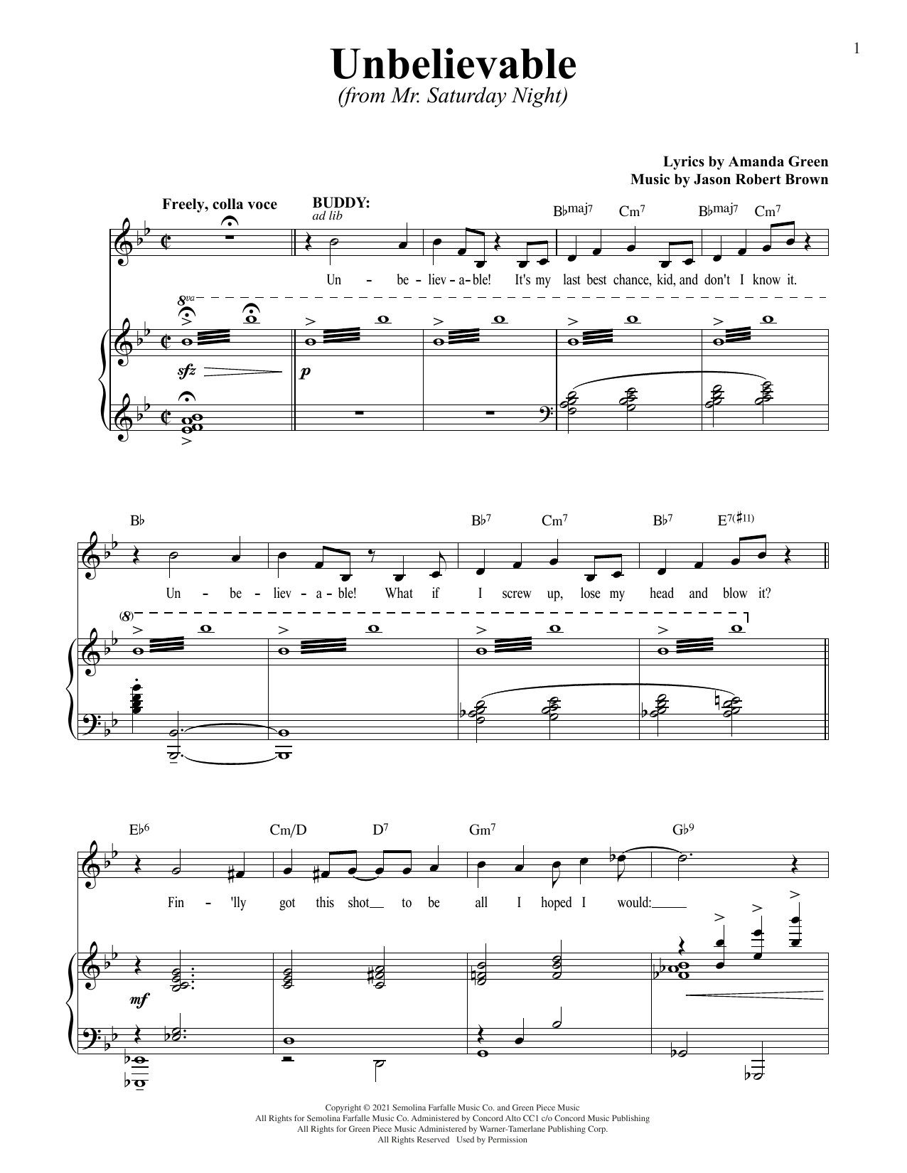 Download Jason Robert Brown and Amanda Green Unbelievable (from Mr. Saturday Night) Sheet Music and learn how to play Piano & Vocal PDF digital score in minutes