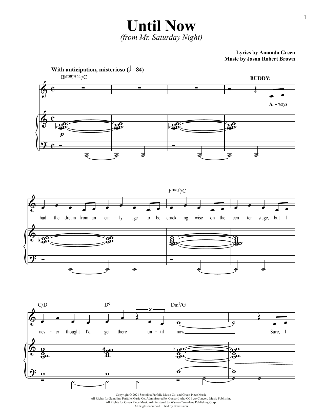 Download Jason Robert Brown and Amanda Green Until Now (from Mr. Saturday Night) Sheet Music and learn how to play Piano & Vocal PDF digital score in minutes