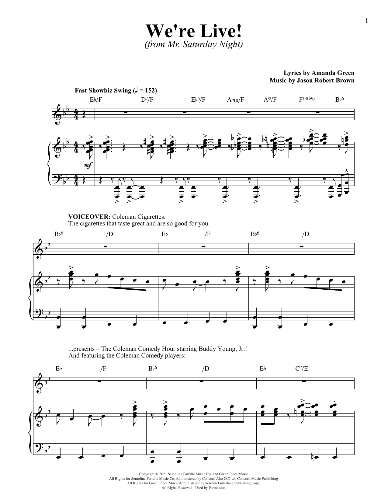 Download Jason Robert Brown and Amanda Green We're Live (from Mr. Saturday Night) Sheet Music and learn how to play Piano & Vocal PDF digital score in minutes