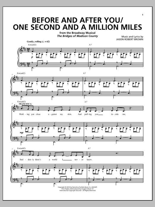 Download Jason Robert Brown Before And After You/One Second And A Million Miles (from 'The Bridges of Madiso Sheet Music and learn how to play Piano & Vocal PDF digital score in minutes