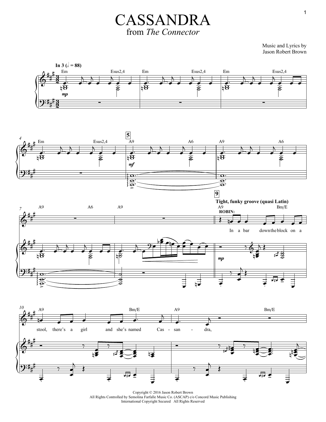 Download Jason Robert Brown Cassandra (from The Connector) Sheet Music and learn how to play Piano & Vocal PDF digital score in minutes