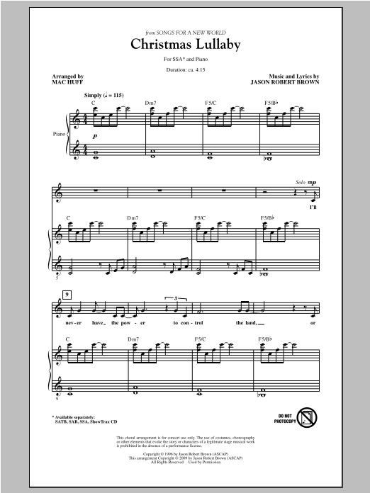 Download Jason Robert Brown Christmas Lullaby (from Songs For A New World) (arr. Mac Huff) Sheet Music and learn how to play SAB PDF digital score in minutes