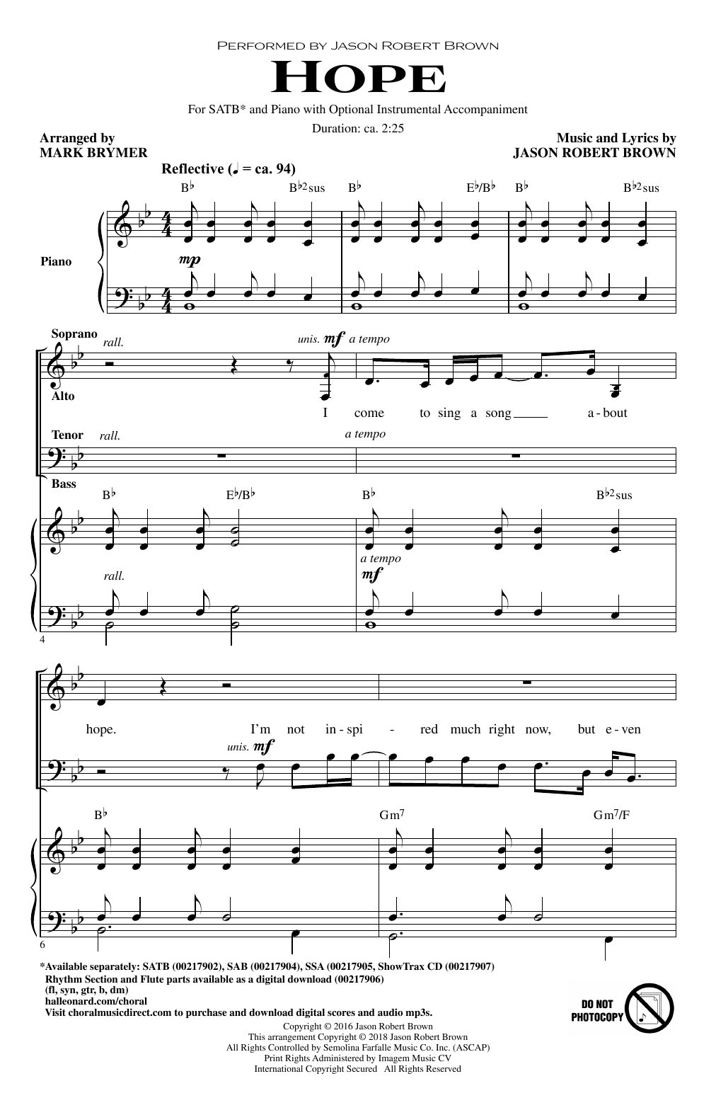 Download Jason Robert Brown Hope (from How We React and How We Recover) (arr. Mark Brymer) Sheet Music and learn how to play SATB Choir PDF digital score in minutes