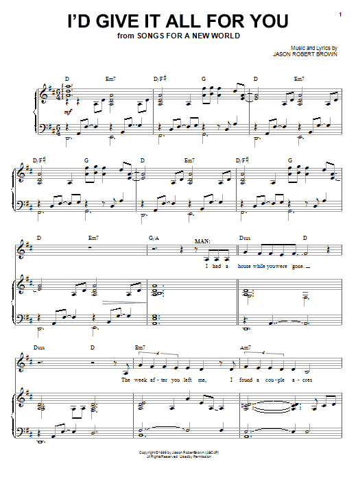 Download Jason Robert Brown I'd Give It All For You Sheet Music and learn how to play Piano, Vocal & Guitar (Right-Hand Melody) PDF digital score in minutes