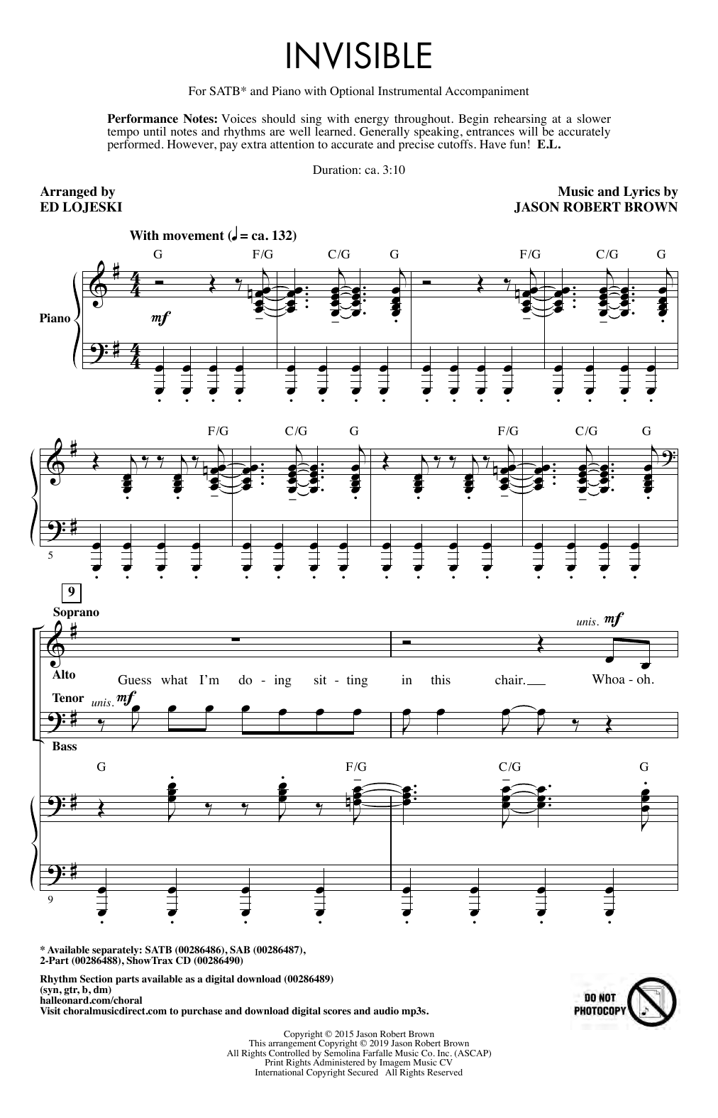 Download Jason Robert Brown Invisible (arr. Ed Lojeski) Sheet Music and learn how to play SATB Choir PDF digital score in minutes