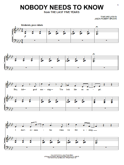 Download Jason Robert Brown Nobody Needs To Know Sheet Music and learn how to play Piano, Vocal & Guitar (Right-Hand Melody) PDF digital score in minutes