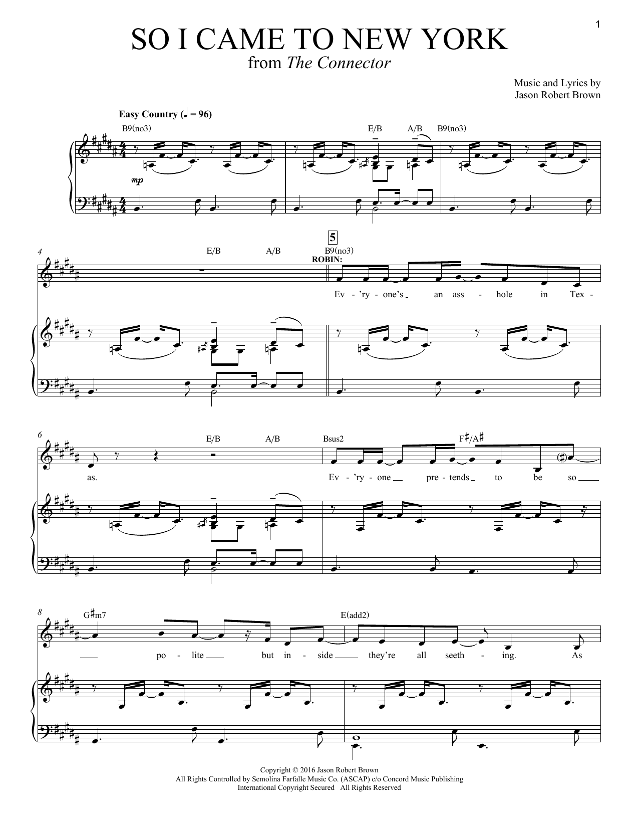 Download Jason Robert Brown So I Came To New York (from The Connector) Sheet Music and learn how to play Piano & Vocal PDF digital score in minutes