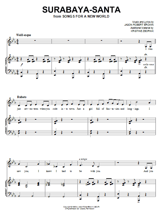 Download Jason Robert Brown Surabaya-Santa Sheet Music and learn how to play Piano, Vocal & Guitar (Right-Hand Melody) PDF digital score in minutes