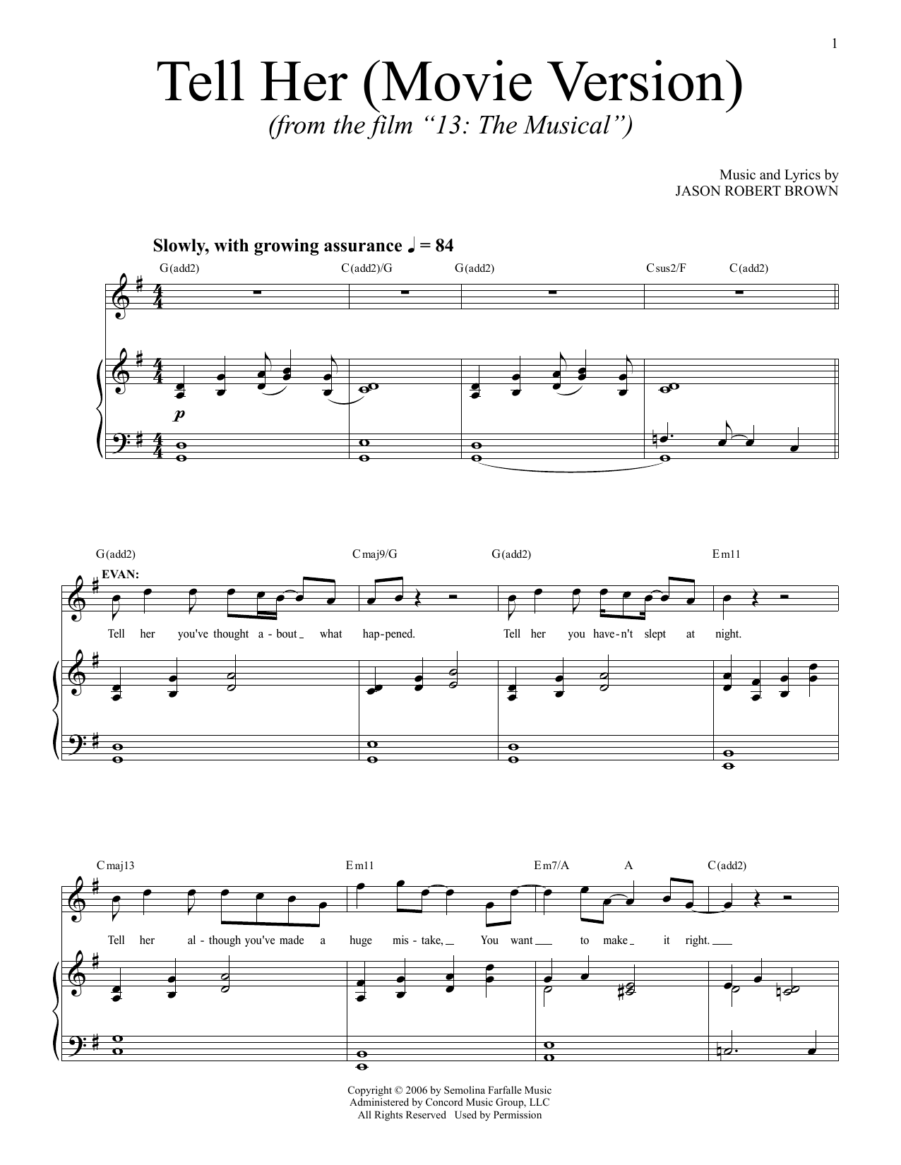 Download Jason Robert Brown Tell Her (from 13: The Musical) (Netflix film) Sheet Music and learn how to play Piano & Vocal PDF digital score in minutes