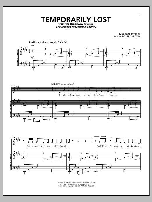 Download Jason Robert Brown Temporarily Lost (from 'The Bridges of Madison County') Sheet Music and learn how to play Piano & Vocal PDF digital score in minutes