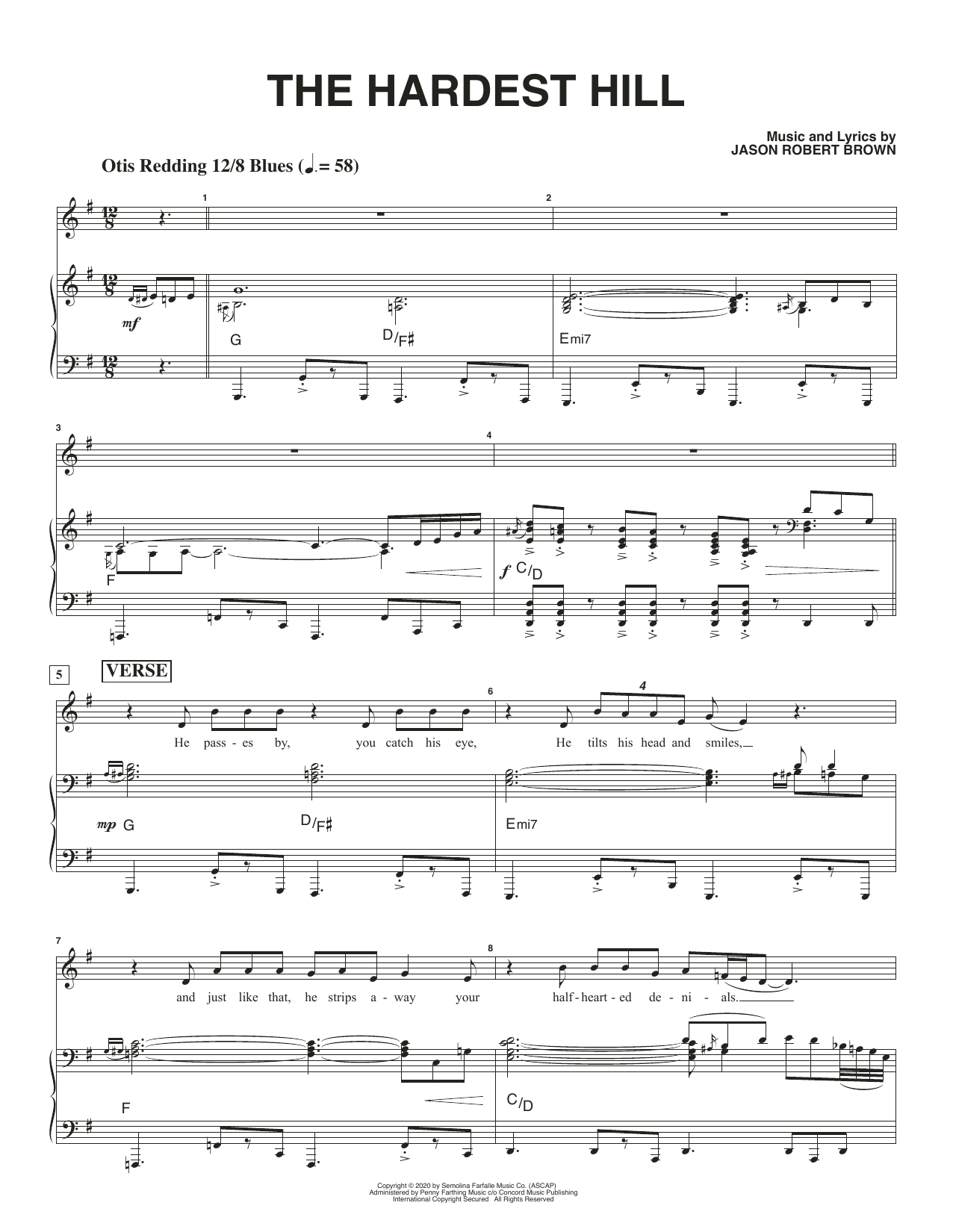 Download Jason Robert Brown The Hardest Hill (Original Key) (from How We React And How We Recover) Sheet Music and learn how to play Piano & Vocal PDF digital score in minutes