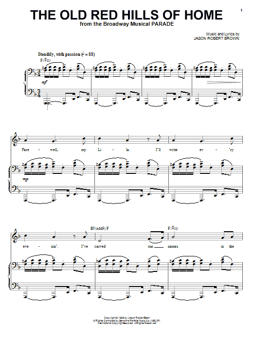 Download Jason Robert Brown The Old Red Hills Of Home Sheet Music and learn how to play Piano, Vocal & Guitar (Right-Hand Melody) PDF digital score in minutes