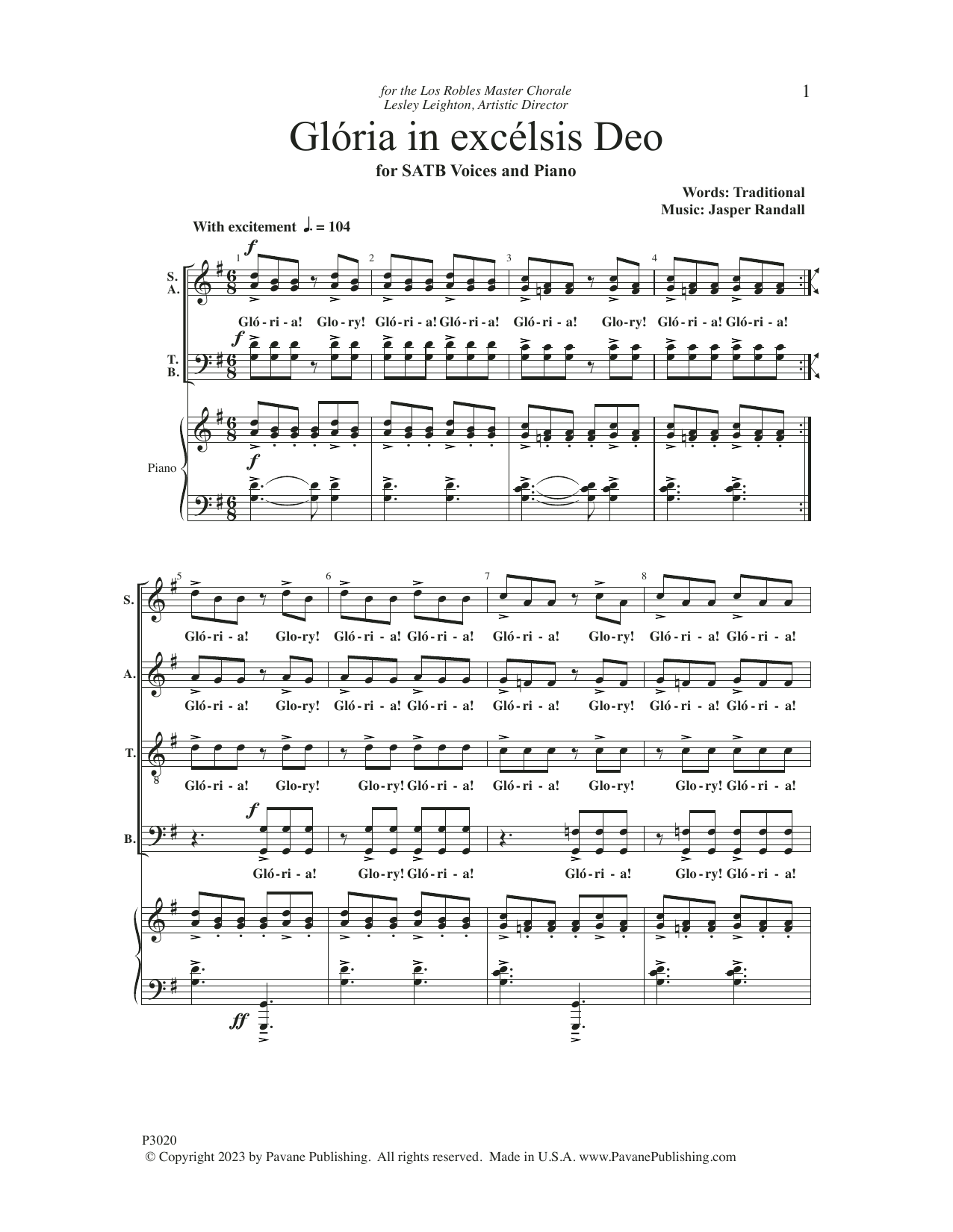 Download Jasper Randall Gloria in Excelsis Deo Sheet Music and learn how to play Choir PDF digital score in minutes