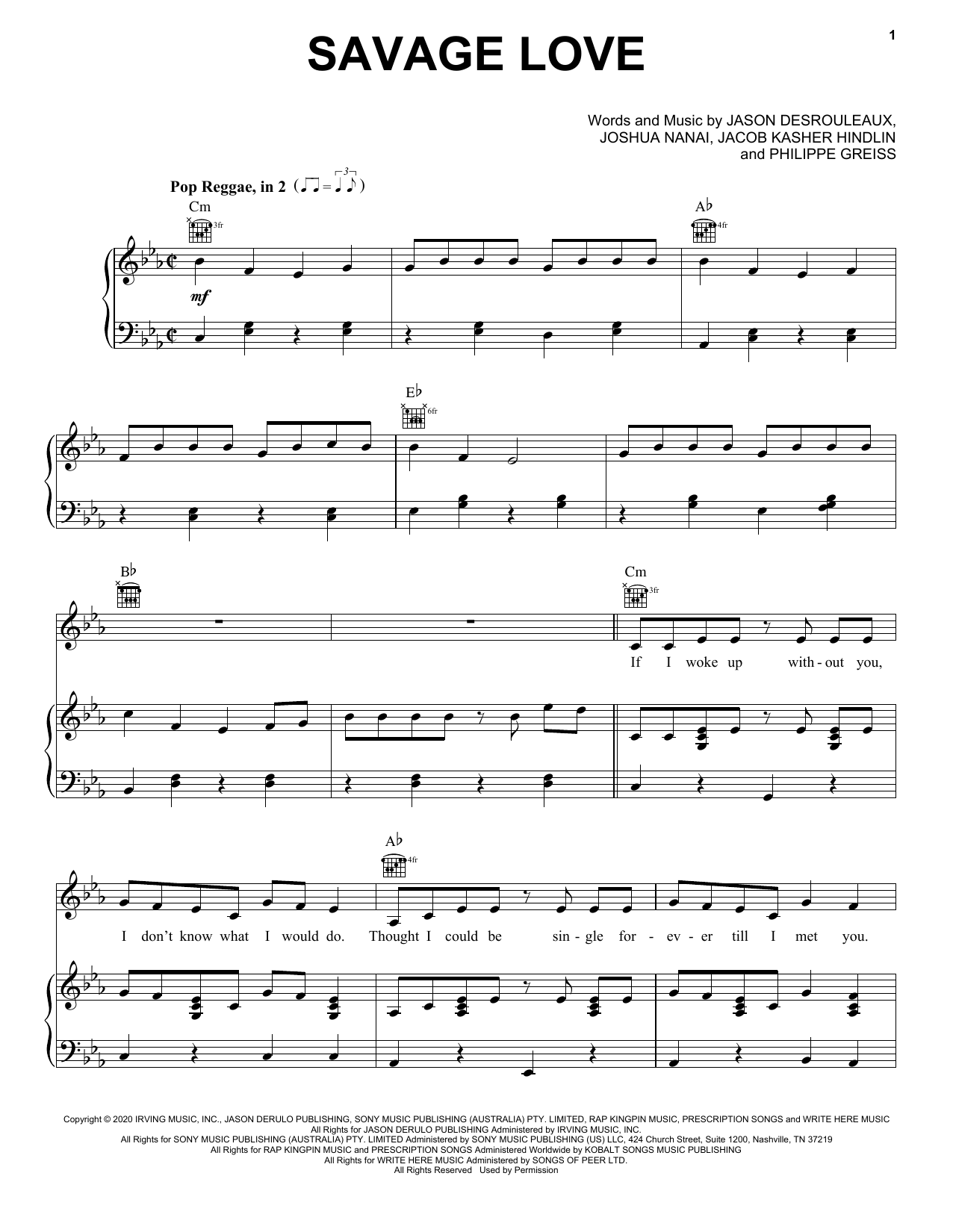 Download Jawsh 685 x Jason Derulo Savage Love Sheet Music and learn how to play Piano, Vocal & Guitar Chords (Right-Hand Melody) PDF digital score in minutes